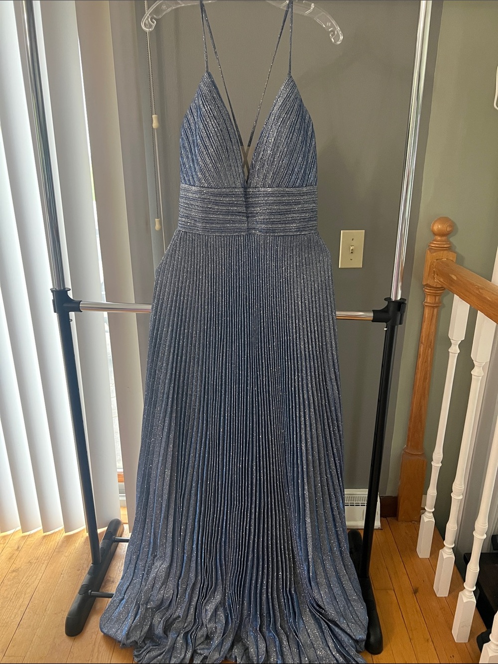 Mac Duggal Metallic Navy Pleated Deep V Evening Gown - Picture 3 of 9